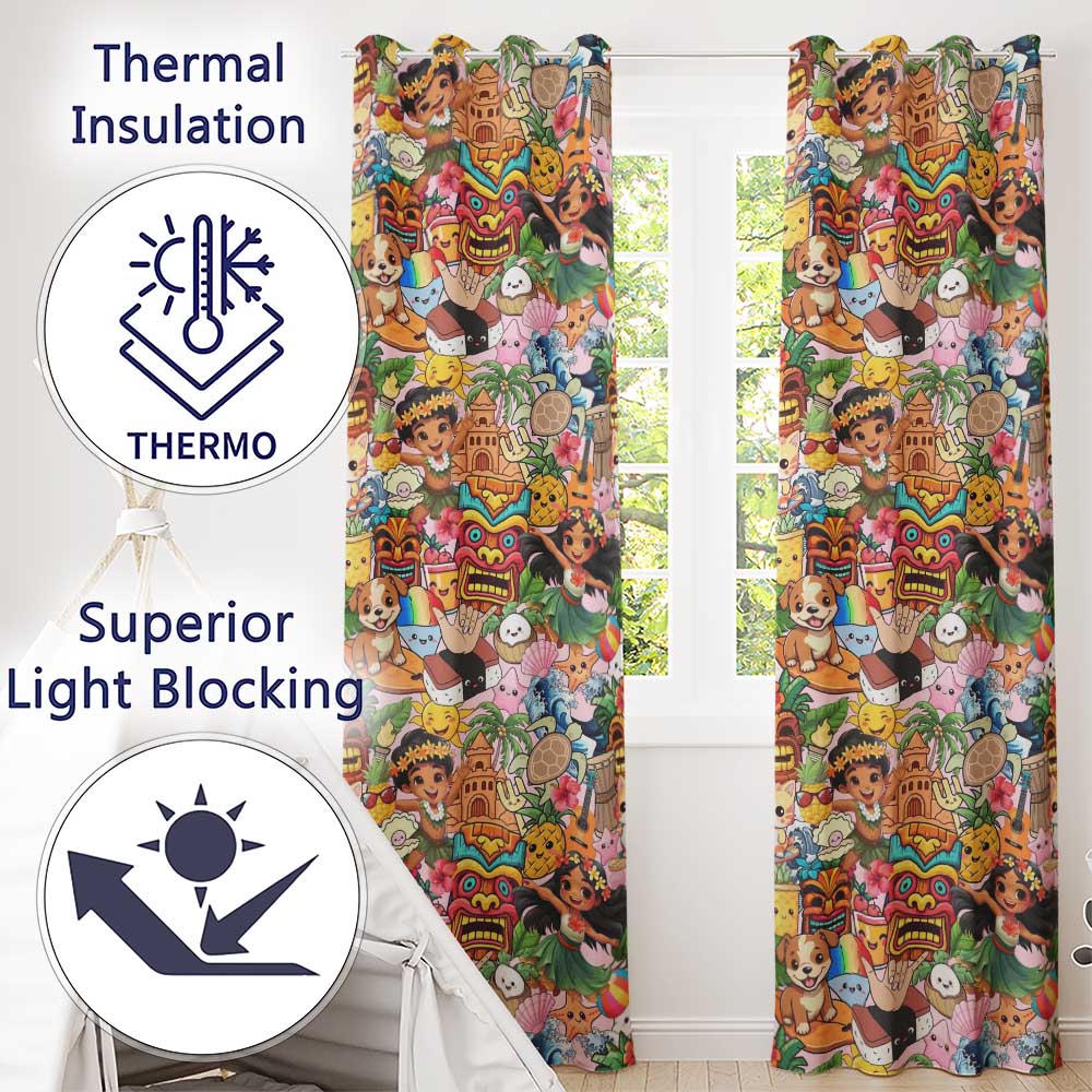 Cute Hawaiian Kids Beige Background Tiki Beach Summer Cartoon Seamless Pattern Readymade Eyelet Ring Top Thermal 100% Blackout Curtains