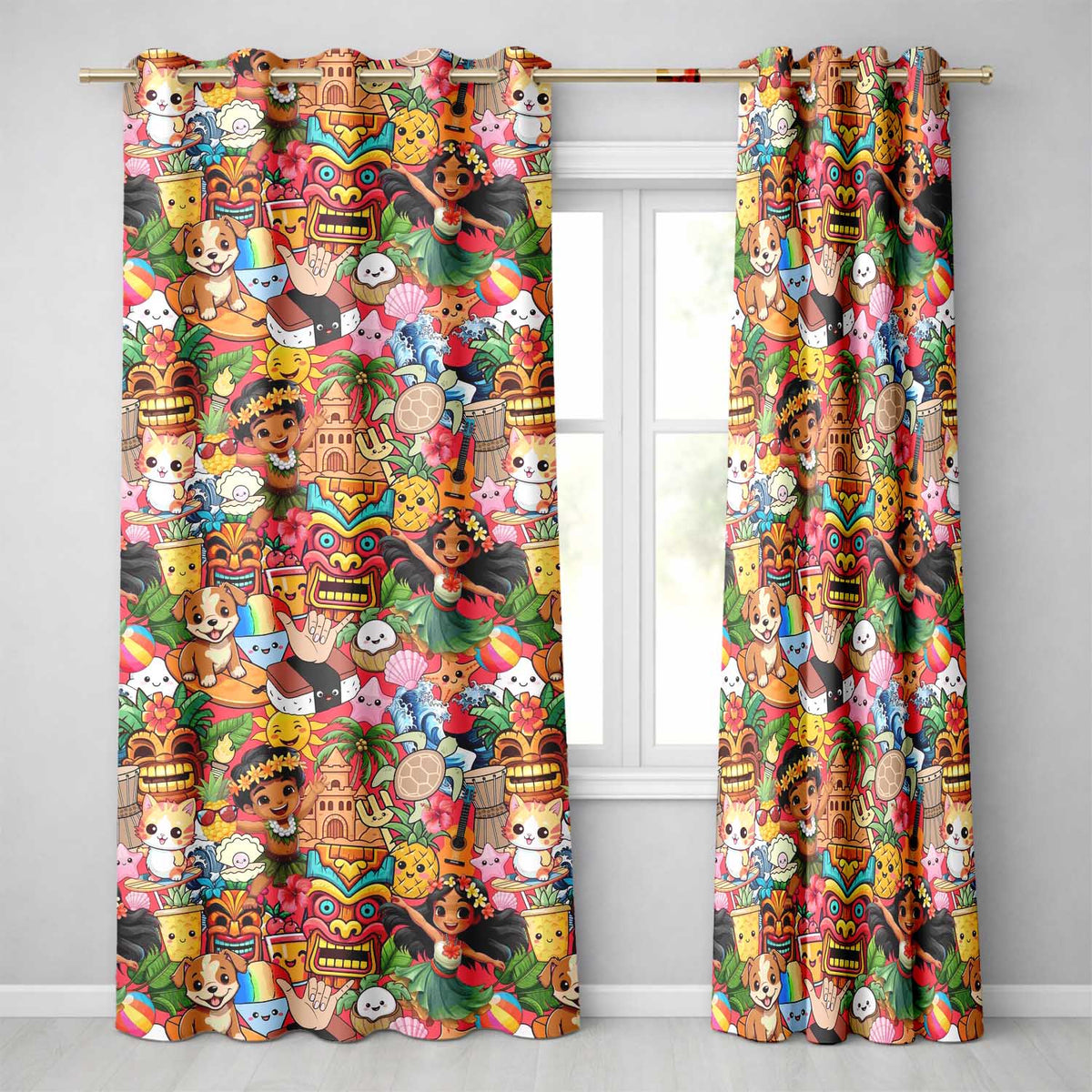 Cute Hawaiian Kids Red Background Tiki Beach Summer Cartoon Seamless Pattern Readymade Eyelet Ring Top Thermal 100% Blackout Curtains