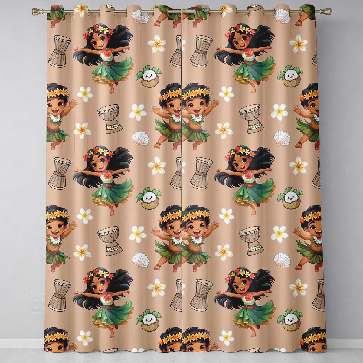 Cute Hula Girl Peach Background Tropical Flowers Coconut Seamless Pattern Readymade Eyelet Ring Top Thermal 100% Blackout Curtains
