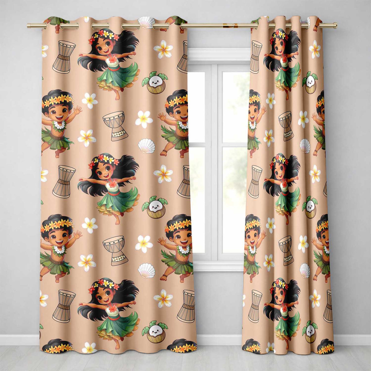 Cute Hula Girl Peach Background Tropical Flowers Coconut Seamless Pattern Readymade Eyelet Ring Top Thermal 100% Blackout Curtains