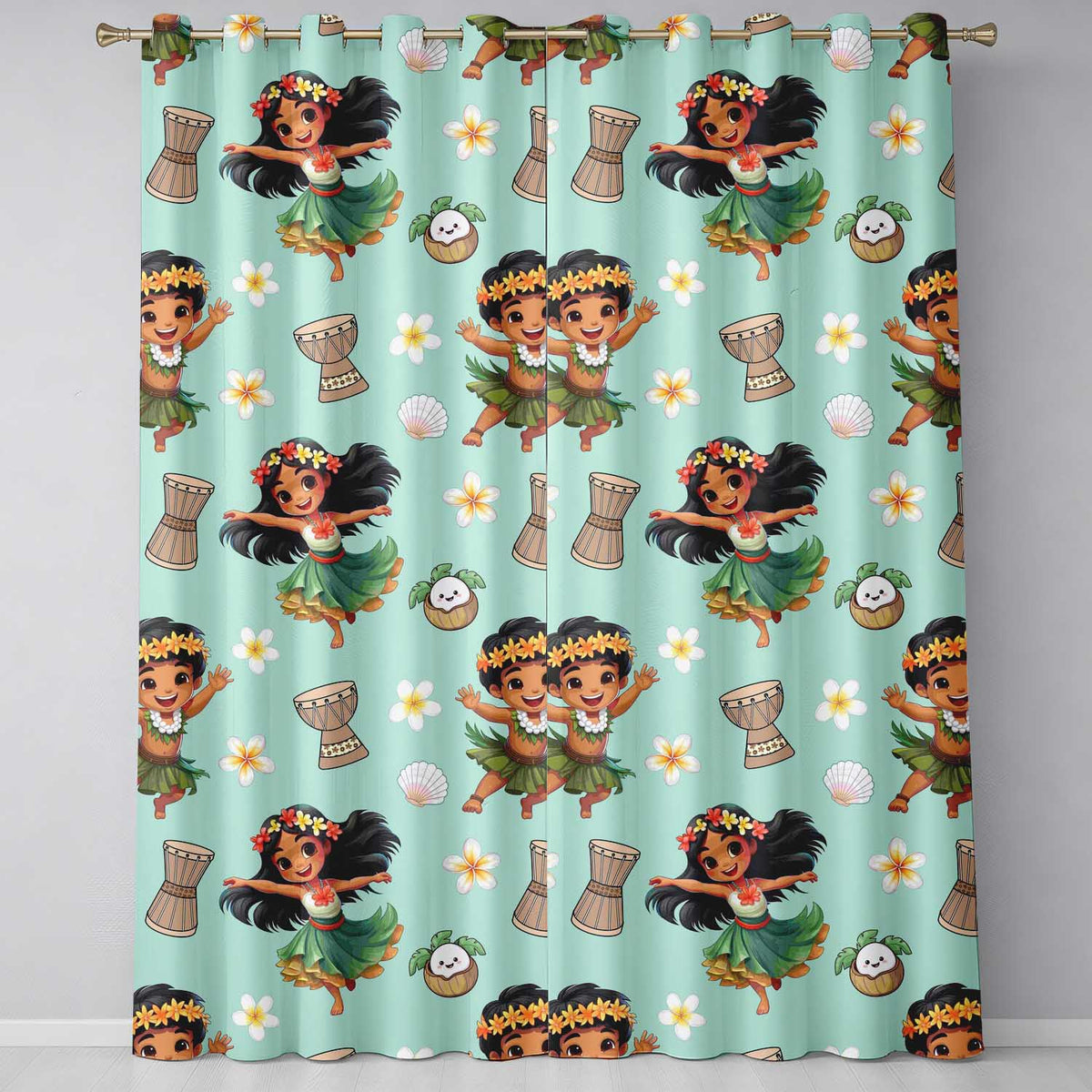 Cute Hula Girl Mint Background Tropical Flowers Coconut Seamless Pattern Readymade Eyelet Ring Top Thermal 100% Blackout Curtains