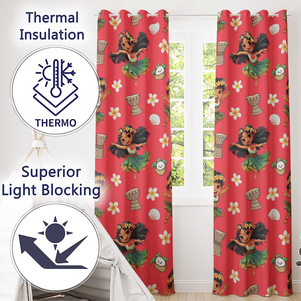 Cute Hula Girl Red Background Tropical Flowers Coconut Seamless Pattern Readymade Eyelet Ring Top Thermal 100% Blackout Curtains