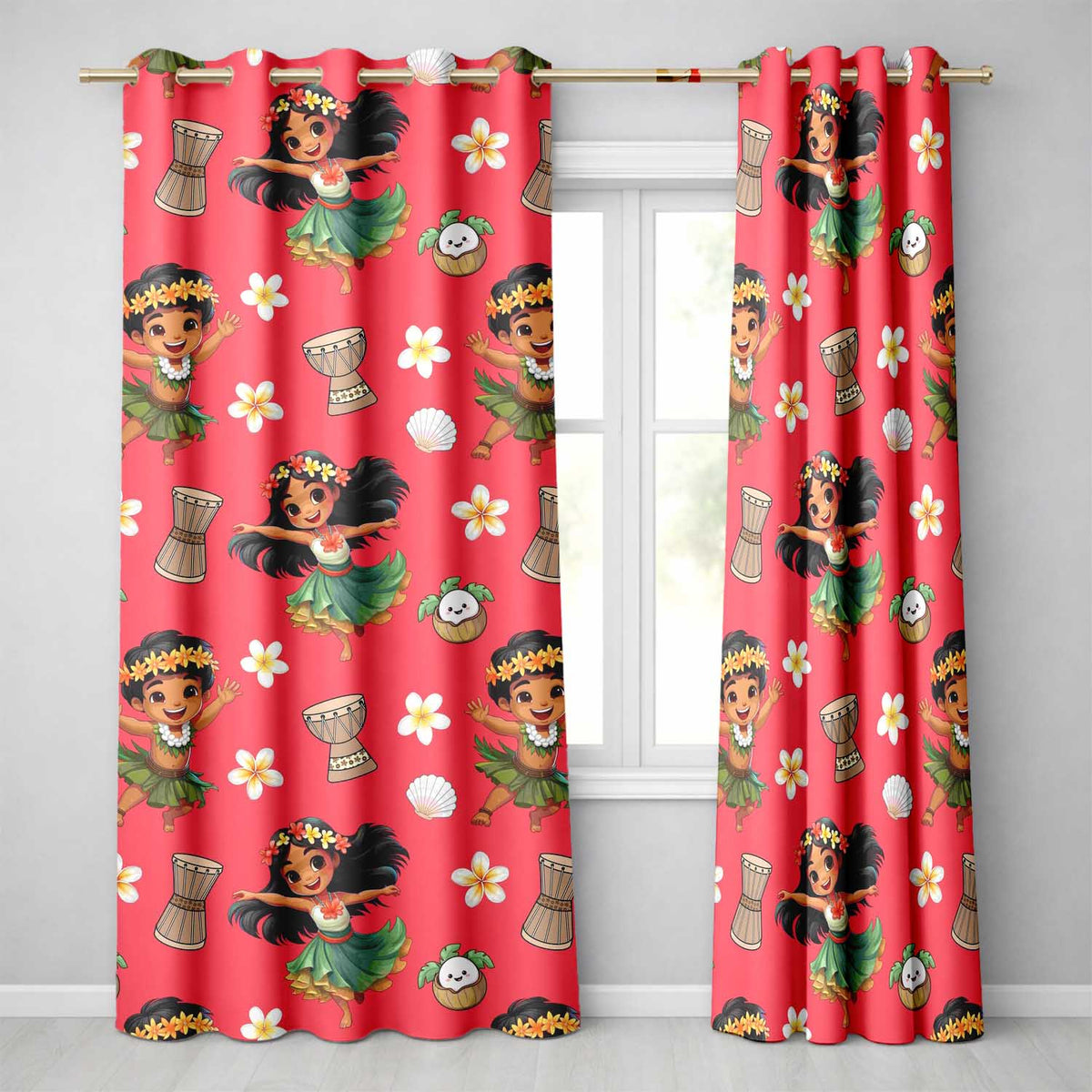 Cute Hula Girl Red Background Tropical Flowers Coconut Seamless Pattern Readymade Eyelet Ring Top Thermal 100% Blackout Curtains