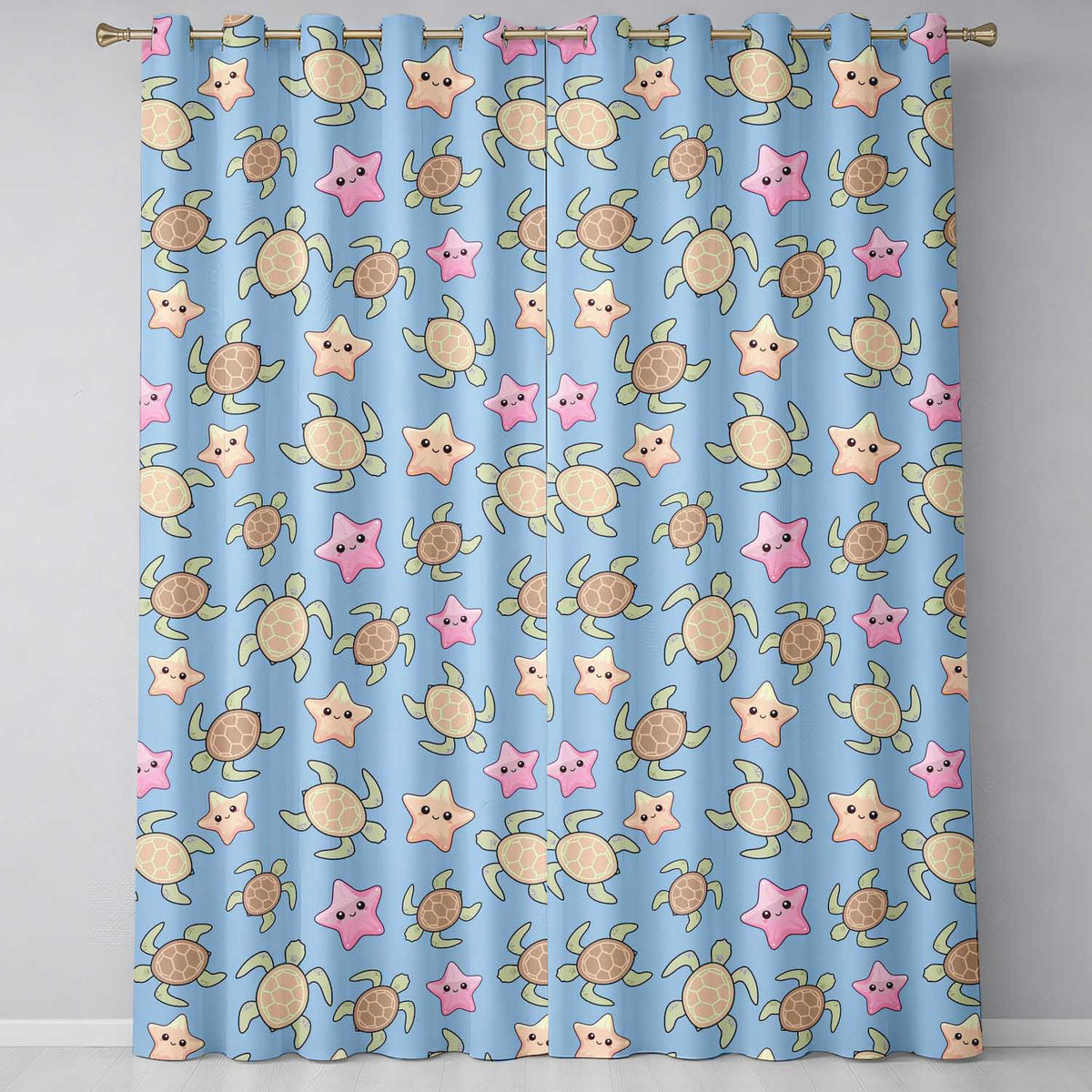 Cute Sea Turtles And Starfish Kawaii Blue Ocean Seamless Pattern Readymade Eyelet Ring Top Thermal 100% Blackout Curtains
