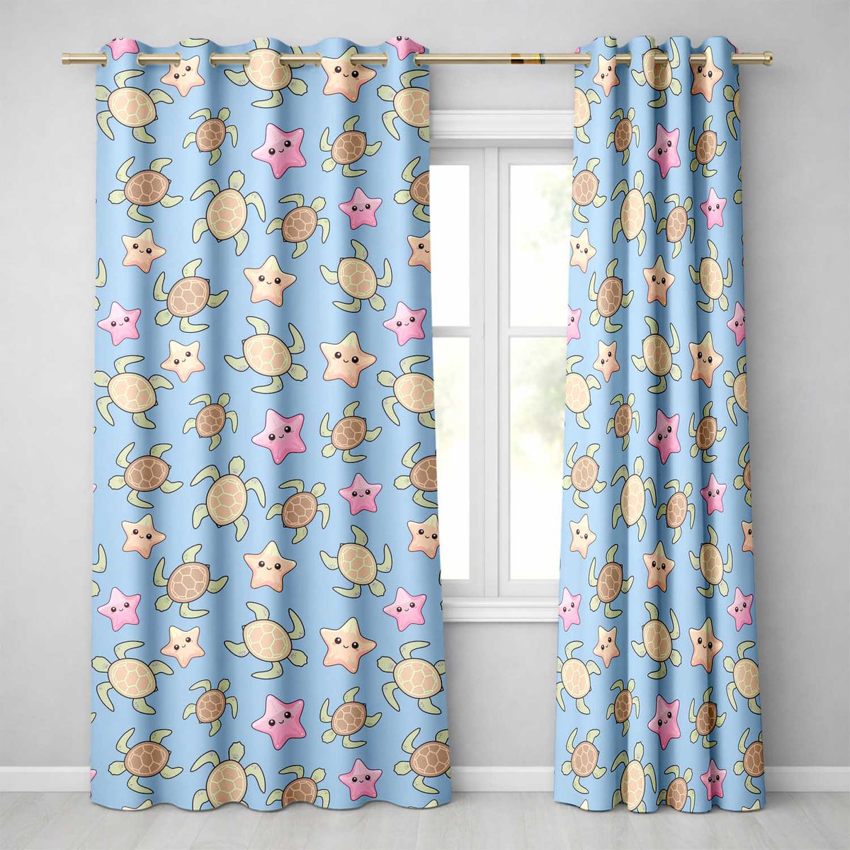 Cute Sea Turtles And Starfish Kawaii Blue Ocean Seamless Pattern Readymade Eyelet Ring Top Thermal 100% Blackout Curtains