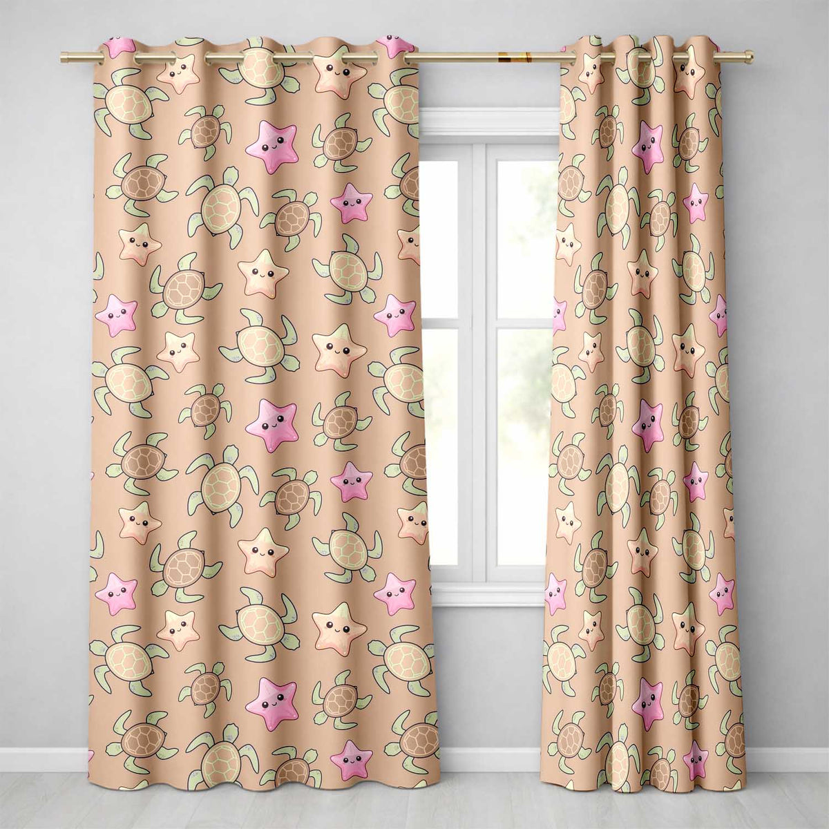 Cute Sea Turtles And Starfish Kawaii Peach Seamless Pattern Readymade Eyelet Ring Top Thermal 100% Blackout Curtains