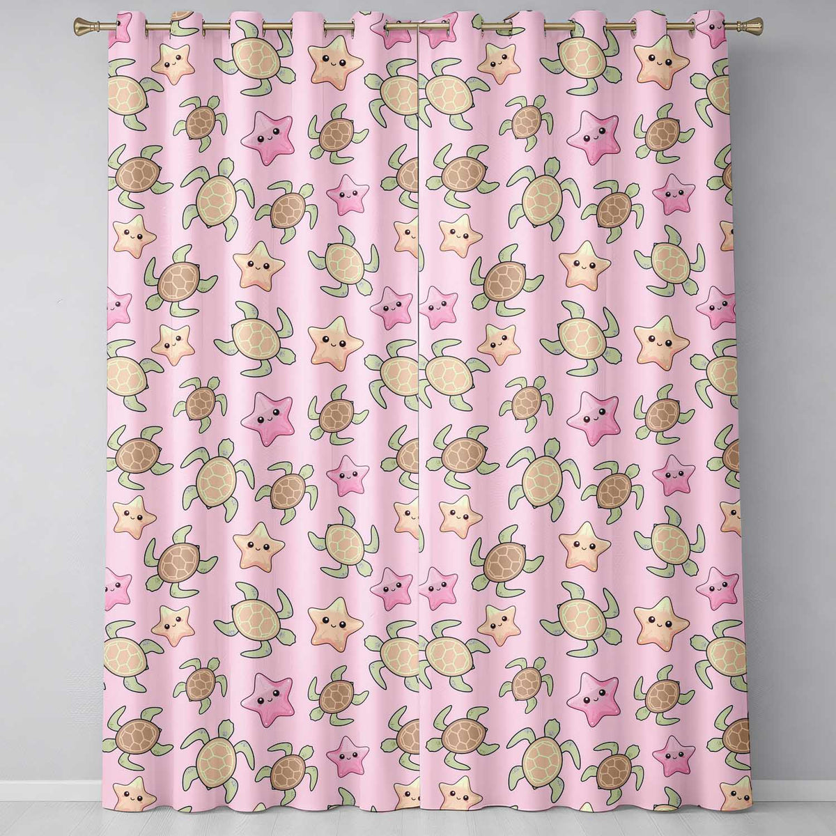 Cute Sea Turtles And Starfish Kawaii Pink Ocean Seamless Pattern Readymade Eyelet Ring Top Thermal 100% Blackout Curtains