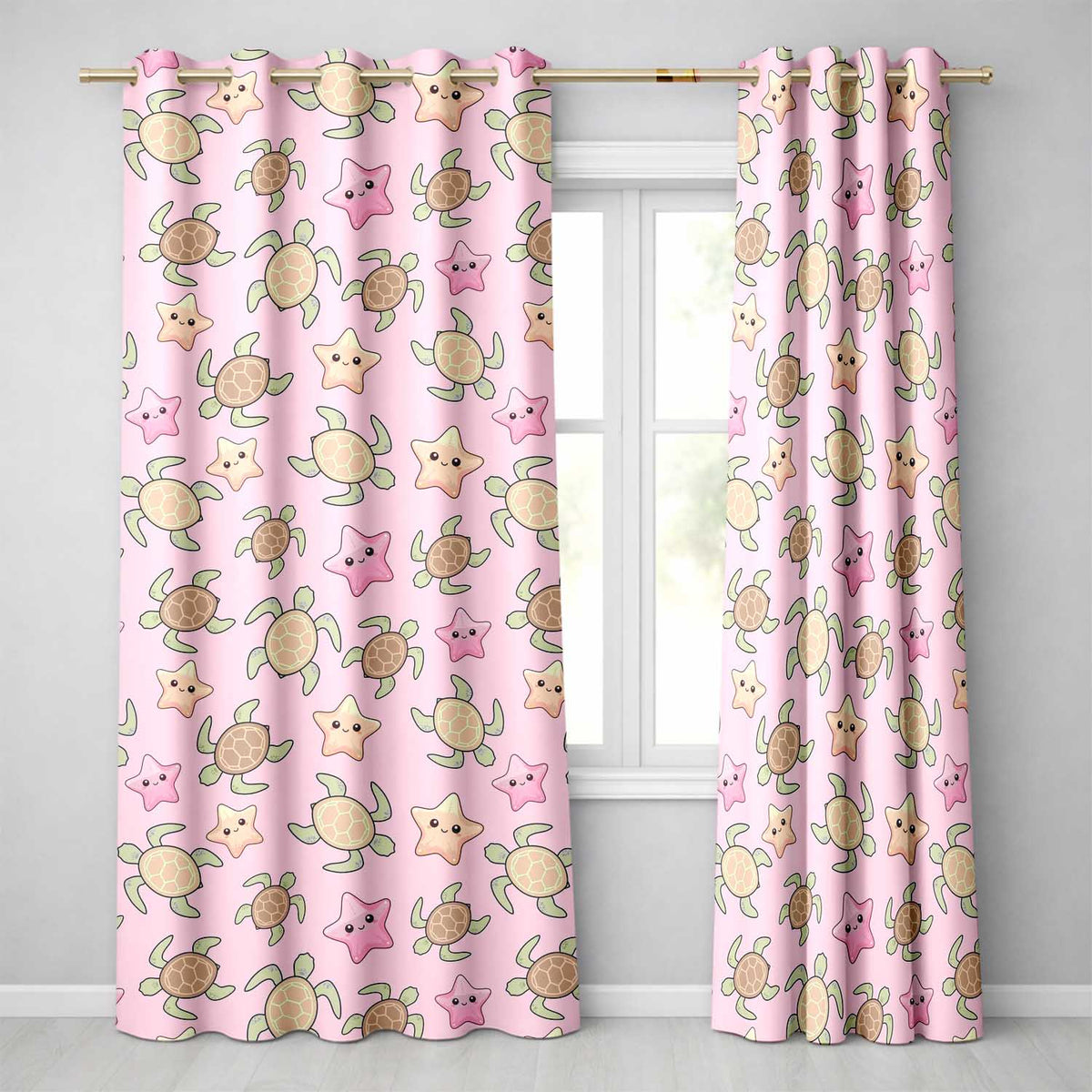 Cute Sea Turtles And Starfish Kawaii Pink Ocean Seamless Pattern Readymade Eyelet Ring Top Thermal 100% Blackout Curtains
