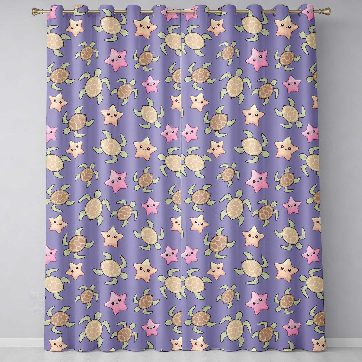 Cute Sea Turtles And Starfish Kawaii Purple Ocean Seamless Pattern Readymade Eyelet Ring Top Thermal 100% Blackout Curtains