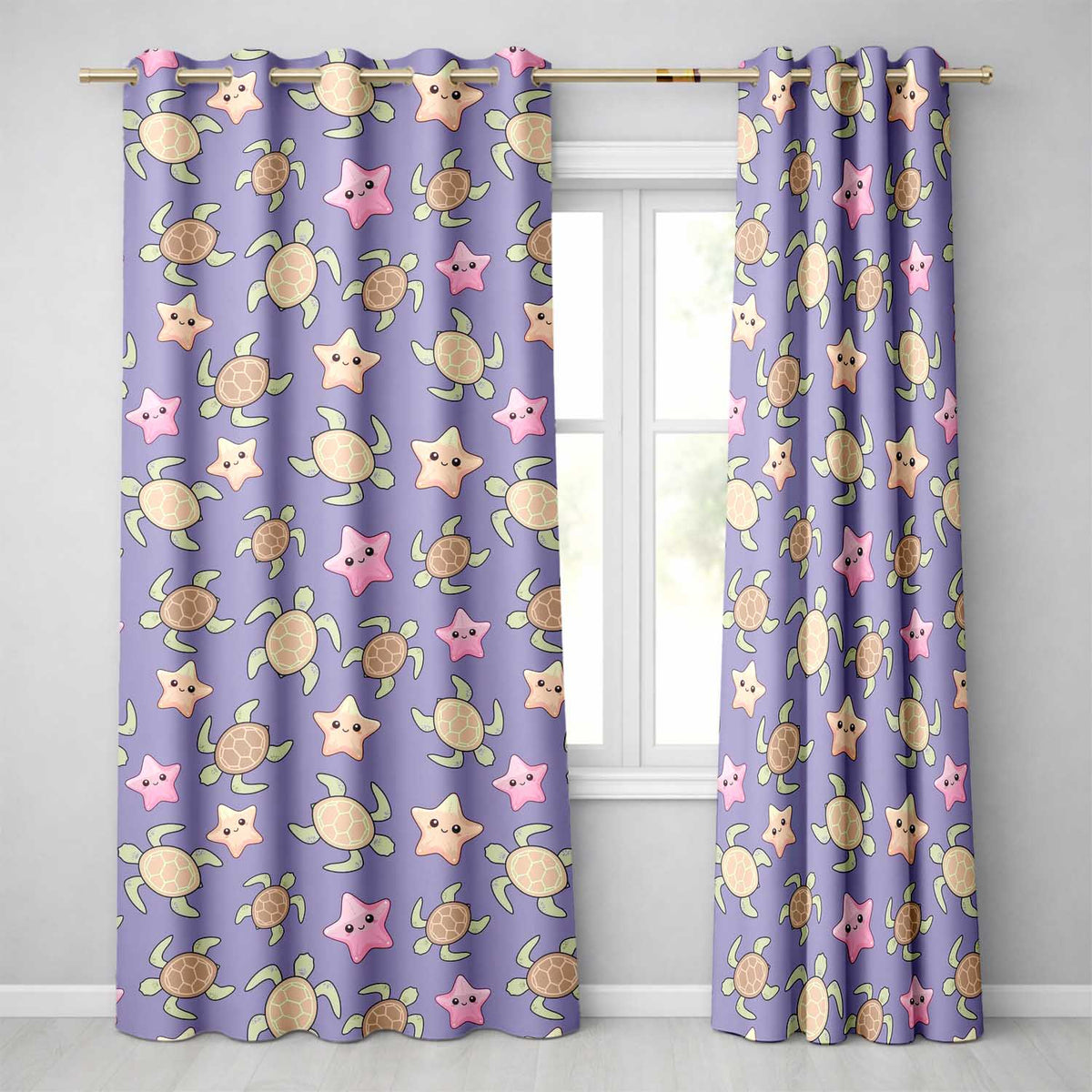 Cute Sea Turtles And Starfish Kawaii Purple Ocean Seamless Pattern Readymade Eyelet Ring Top Thermal 100% Blackout Curtains