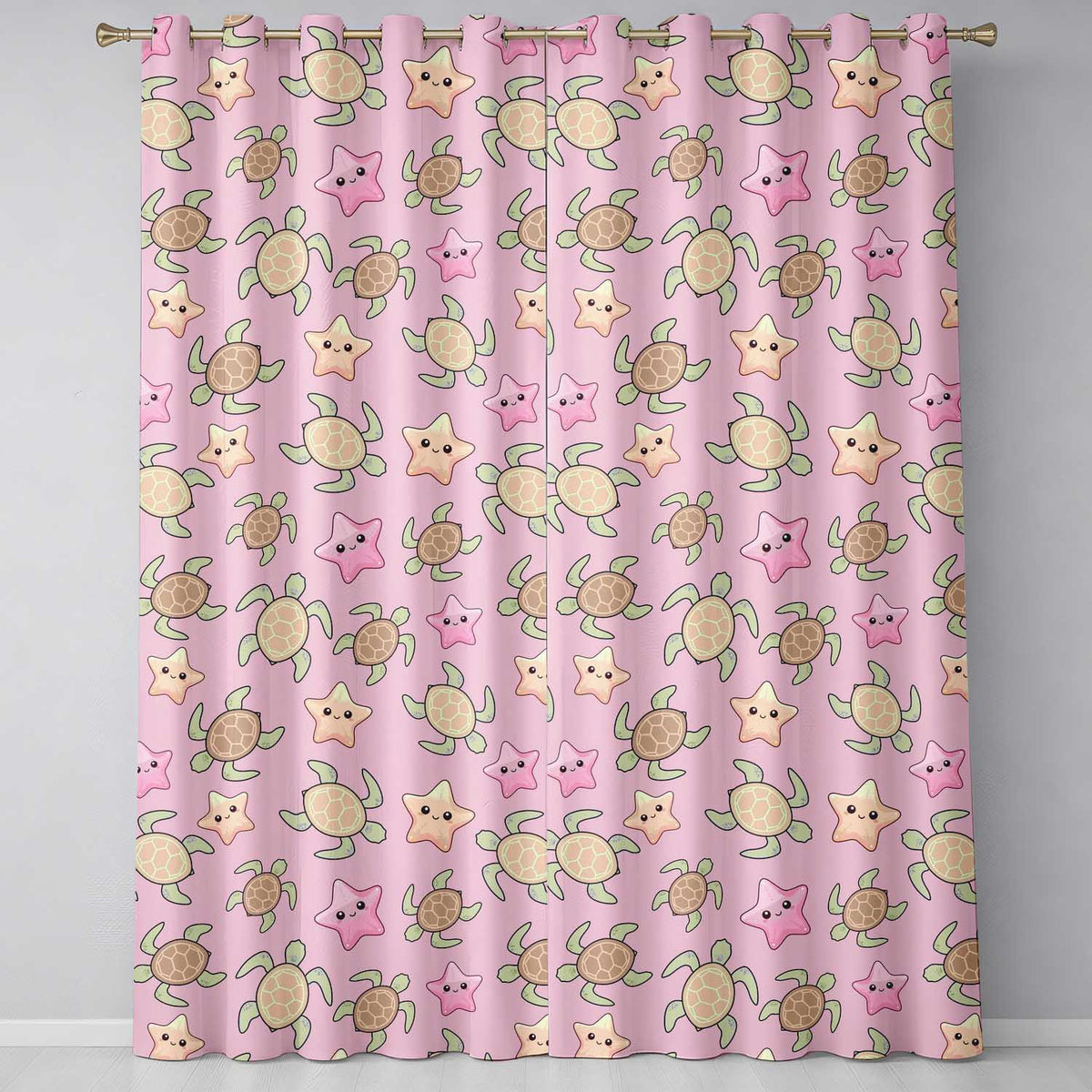 Cute Sea Turtles And Starfish Kawaii Soft Pink Ocean Seamless Pattern Readymade Eyelet Ring Top Thermal 100% Blackout Curtains