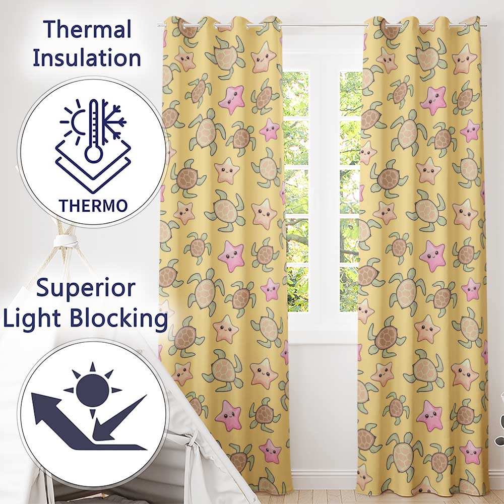 Cute Sea Turtles And Starfish Kawaii Yellow Ocean Seamless Pattern Readymade Eyelet Ring Top Thermal 100% Blackout Curtains