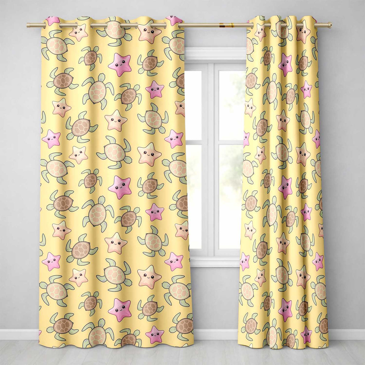 Cute Sea Turtles And Starfish Kawaii Yellow Ocean Seamless Pattern Readymade Eyelet Ring Top Thermal 100% Blackout Curtains