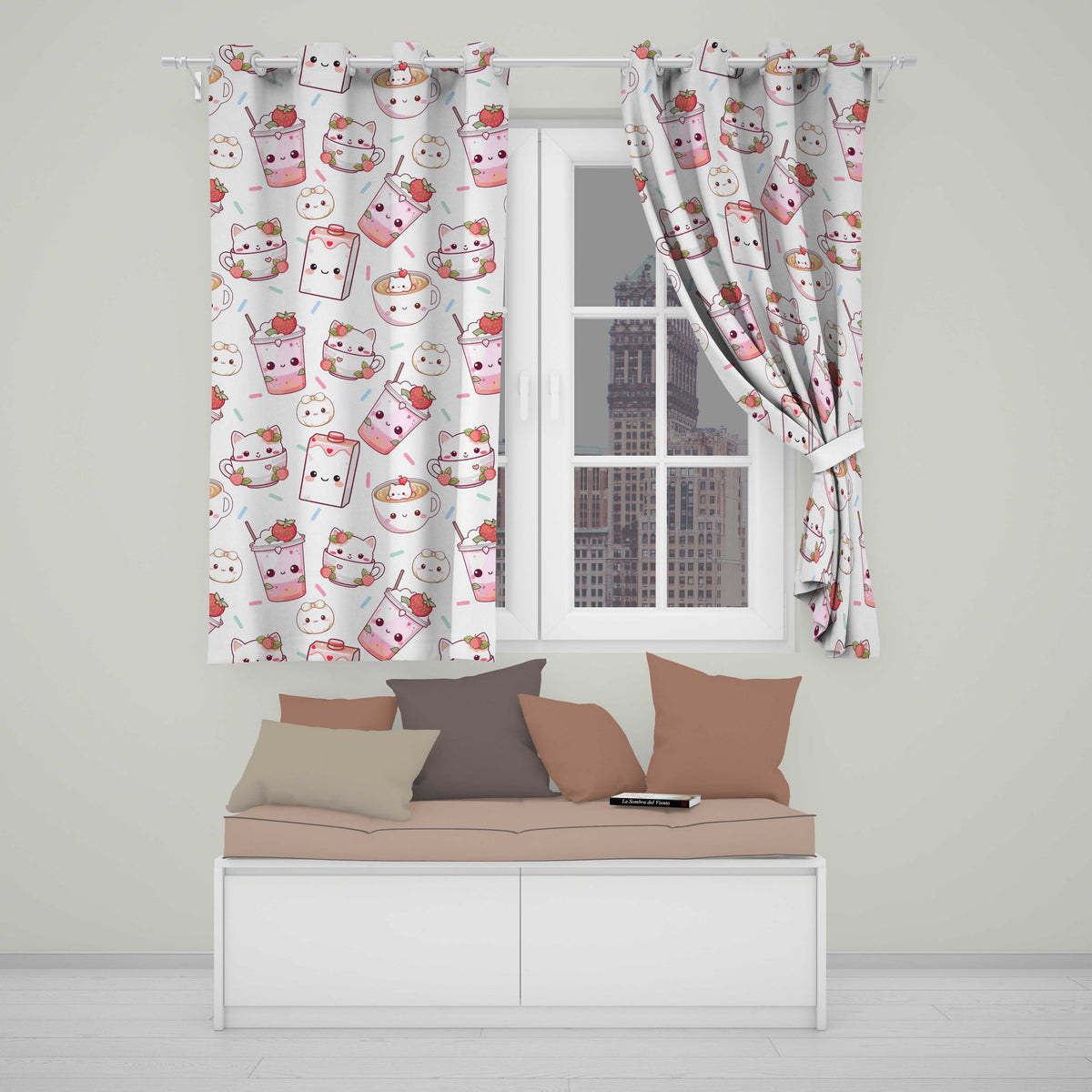 Cute Strawberry Cat Coffee Cups White Kawaii Seamless Pattern Readymade Eyelet Ring Top Thermal 100% Blackout Curtains