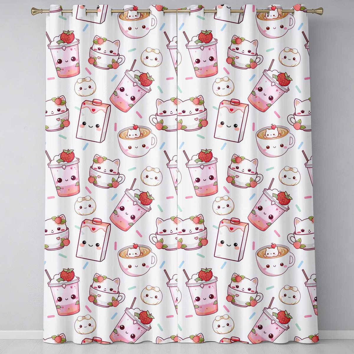 Cute Strawberry Cat Coffee Cups White Kawaii Seamless Pattern Readymade Eyelet Ring Top Thermal 100% Blackout Curtains