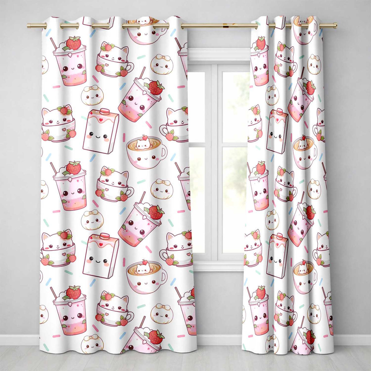 Cute Strawberry Cat Coffee Cups White Kawaii Seamless Pattern Readymade Eyelet Ring Top Thermal 100% Blackout Curtains