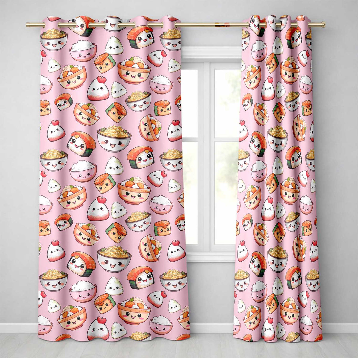 Kawaii Sushi Rice Bowls and Noodles Characters Pink Seamless Pattern Readymade Eyelet Ring Top Thermal 100% Blackout Curtains