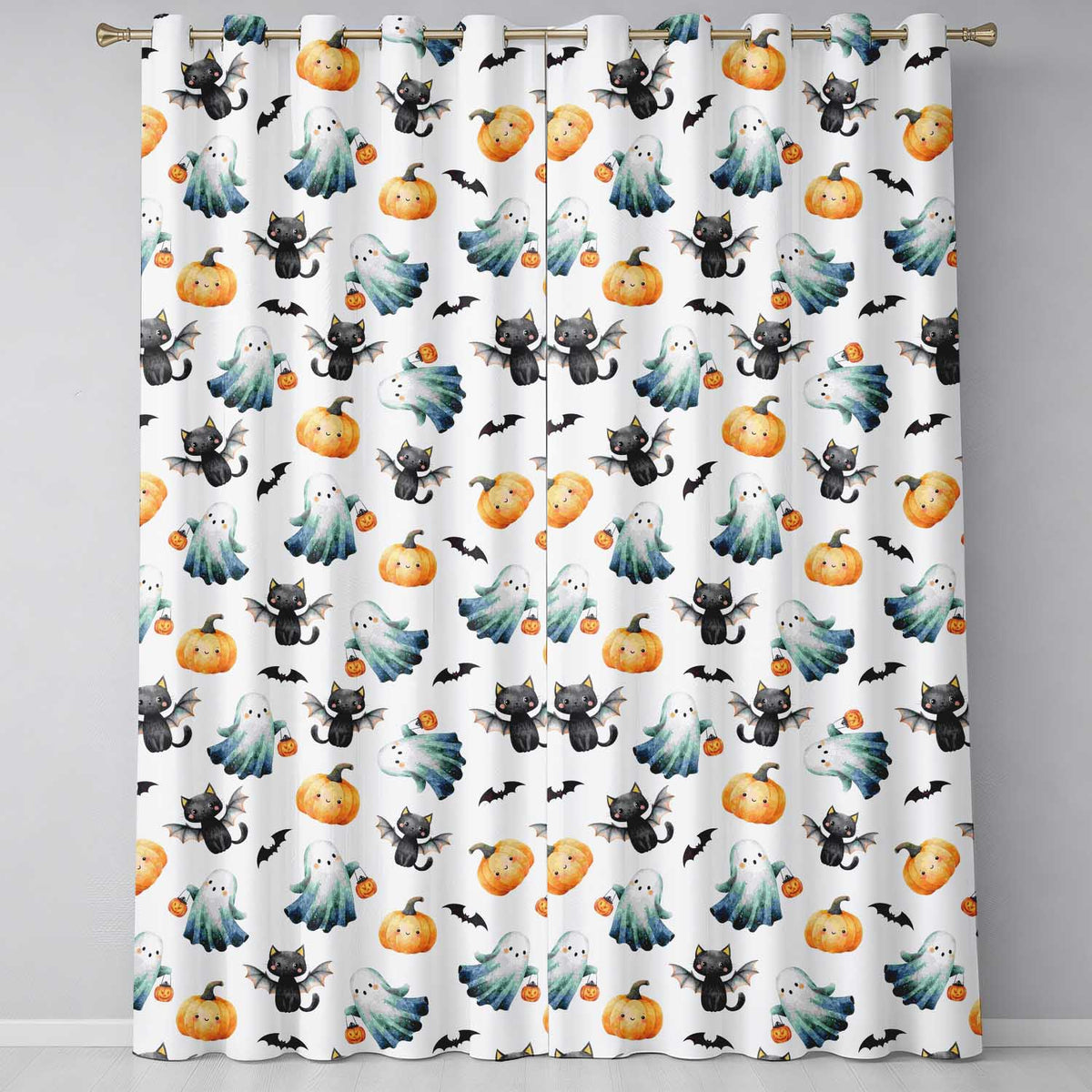 Cute Watercolor Ghost Pumpkin and Bat Halloween Seamless Pattern Readymade Eyelet Ring Top Thermal 100% Blackout Curtains