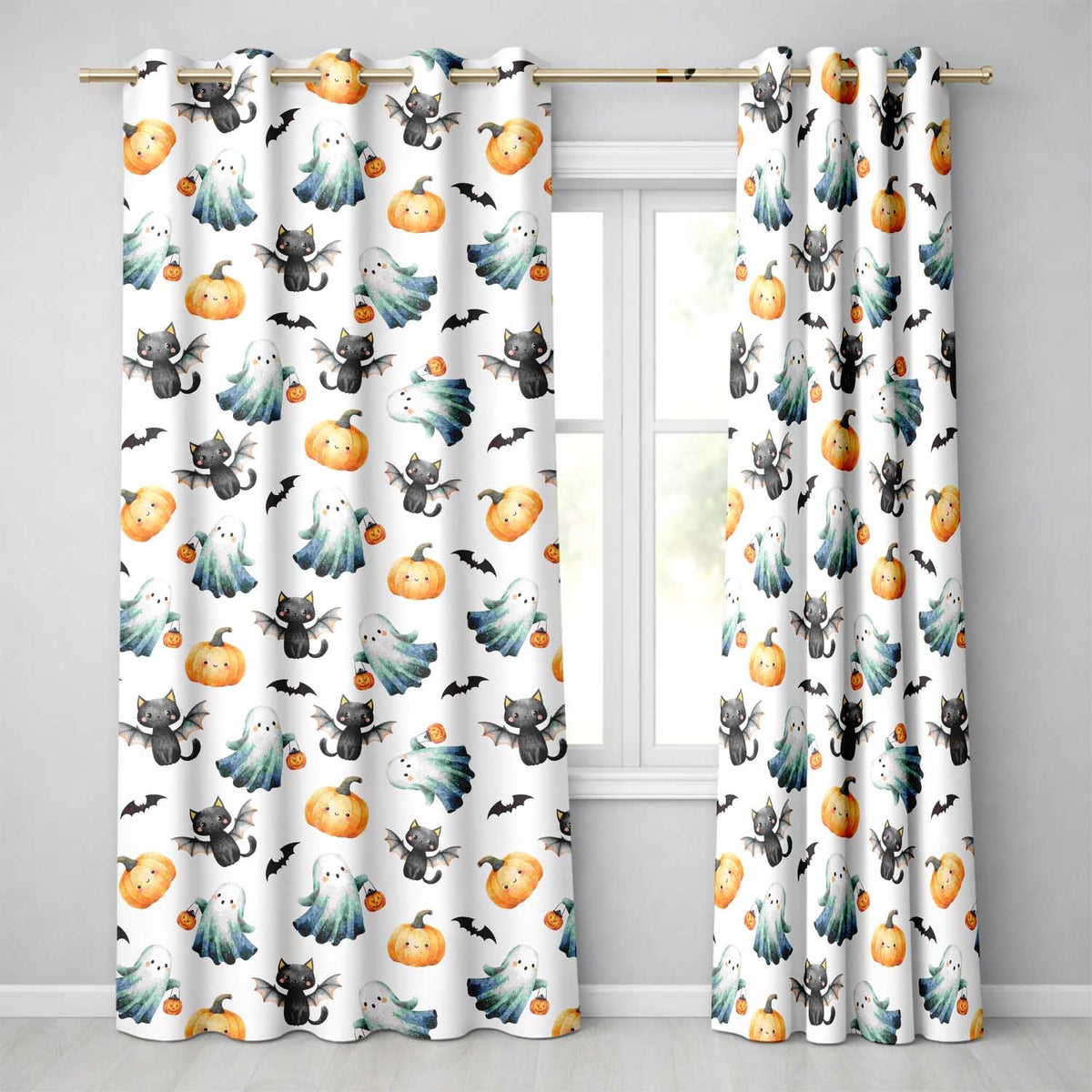 Cute Watercolor Ghost Pumpkin and Bat Halloween Seamless Pattern Readymade Eyelet Ring Top Thermal 100% Blackout Curtains