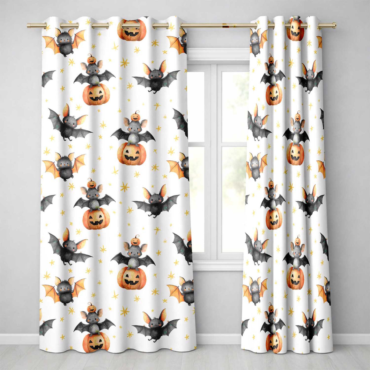 Cute Watercolor Bat Pumpkin and Stars Halloween Seamless Pattern Readymade Eyelet Ring Top Thermal 100% Blackout Curtains