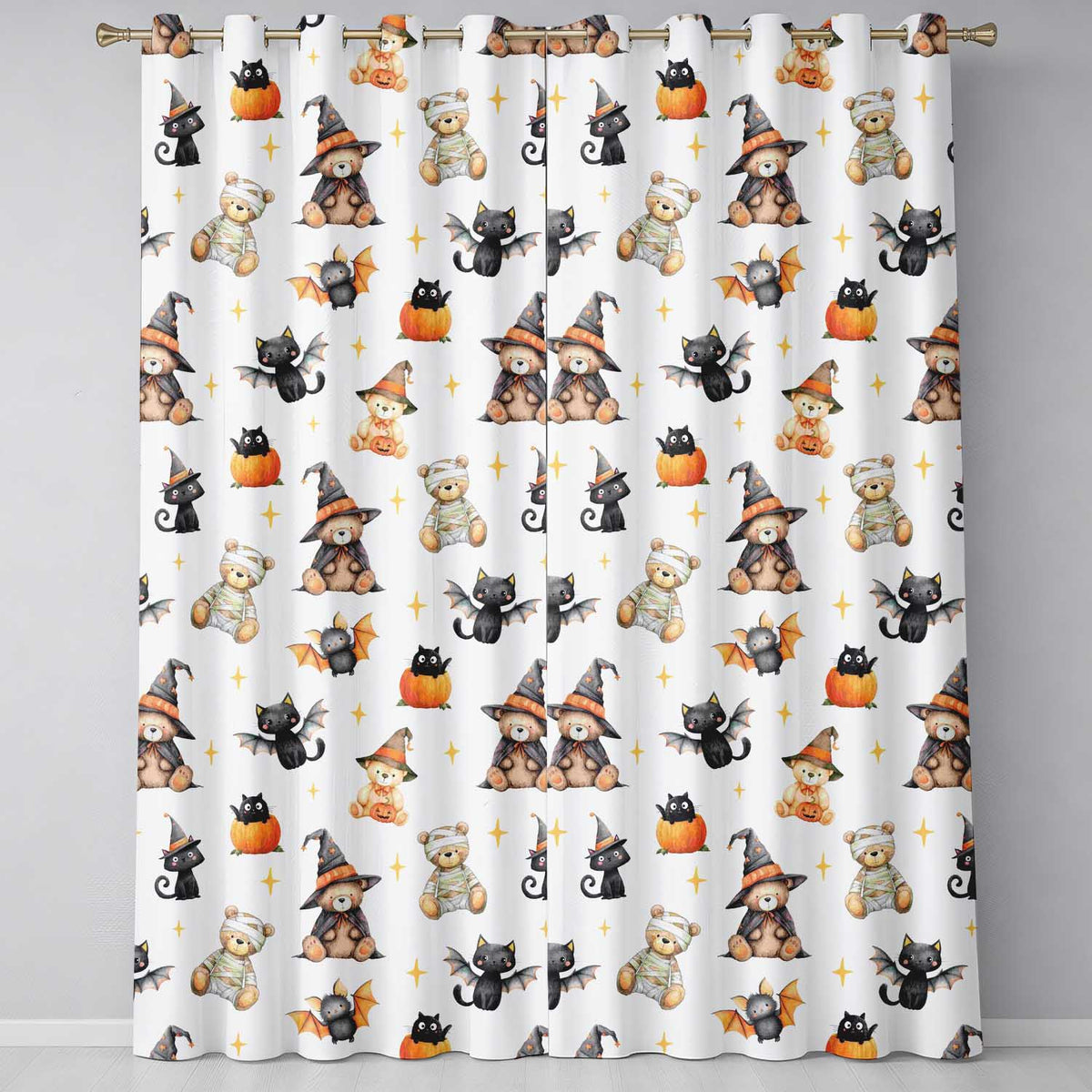 Cute Watercolor Halloween Bats and Pumpkins with Stars Seamless Pattern Readymade Eyelet Ring Top Thermal 100% Blackout Curtains