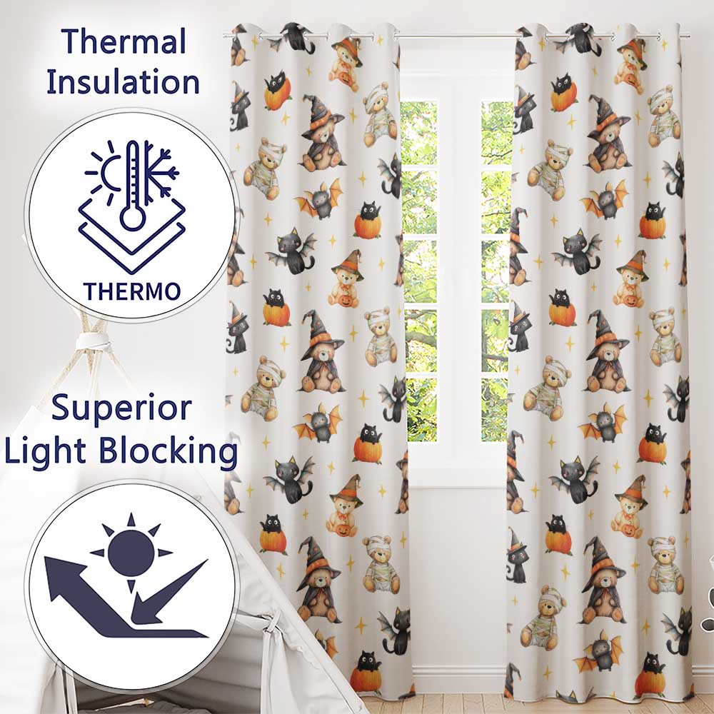 Cute Watercolor Halloween Bats and Pumpkins with Stars Seamless Pattern Readymade Eyelet Ring Top Thermal 100% Blackout Curtains