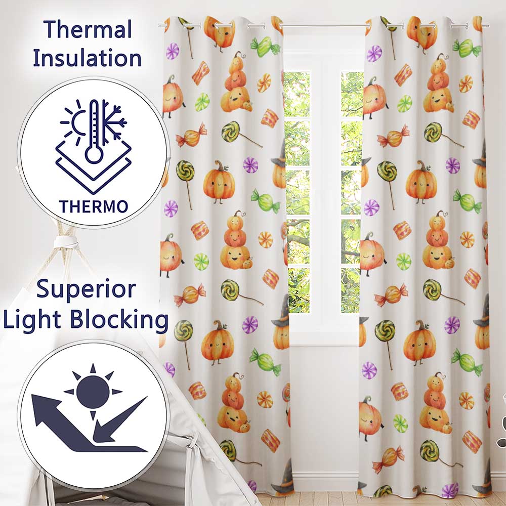 Cute Autumn Pumpkins Candy and Lollipops Watercolor Seamless Pattern Readymade Eyelet Ring Top Thermal 100% Blackout Curtains