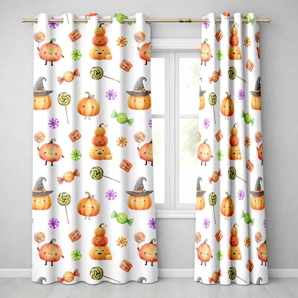 Cute Autumn Pumpkins Candy and Lollipops Watercolor Seamless Pattern Readymade Eyelet Ring Top Thermal 100% Blackout Curtains
