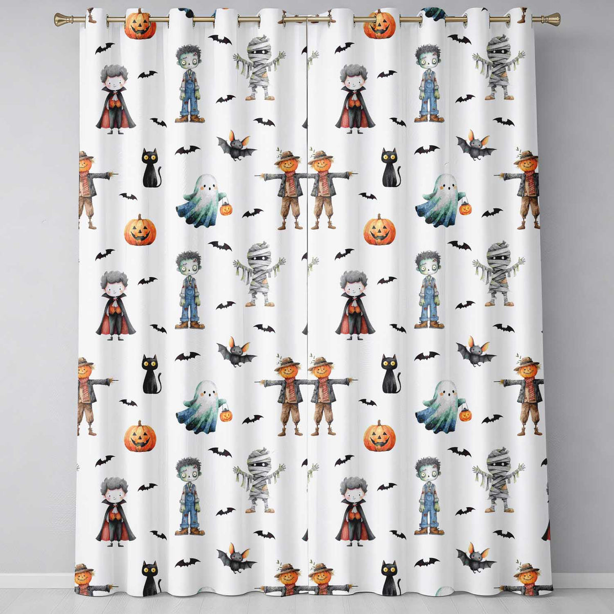 Cute Halloween Zombie Mummy Vampire and Bats Seamless Pattern Readymade Eyelet Ring Top Thermal 100% Blackout Curtains