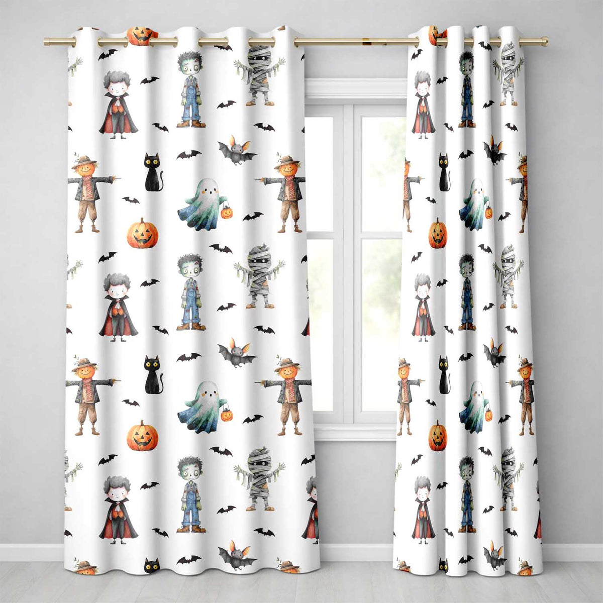 Cute Halloween Zombie Mummy Vampire and Bats Seamless Pattern Readymade Eyelet Ring Top Thermal 100% Blackout Curtains