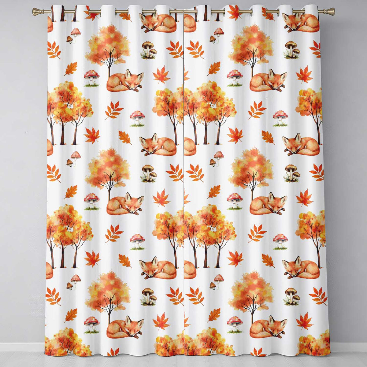 Cute Autumn Fox Leaves Mushrooms Watercolor Beige Seamless Pattern Readymade Eyelet Ring Top Thermal 100% Blackout Curtains