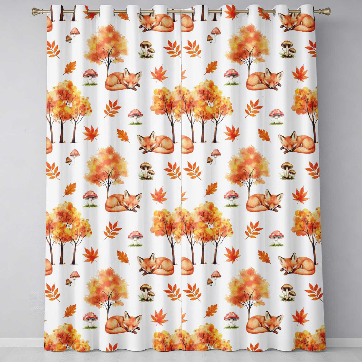 Cute Autumn Fox Leaves Mushrooms Watercolor Neutral Seamless Pattern Readymade Eyelet Ring Top Thermal 100% Blackout Curtains