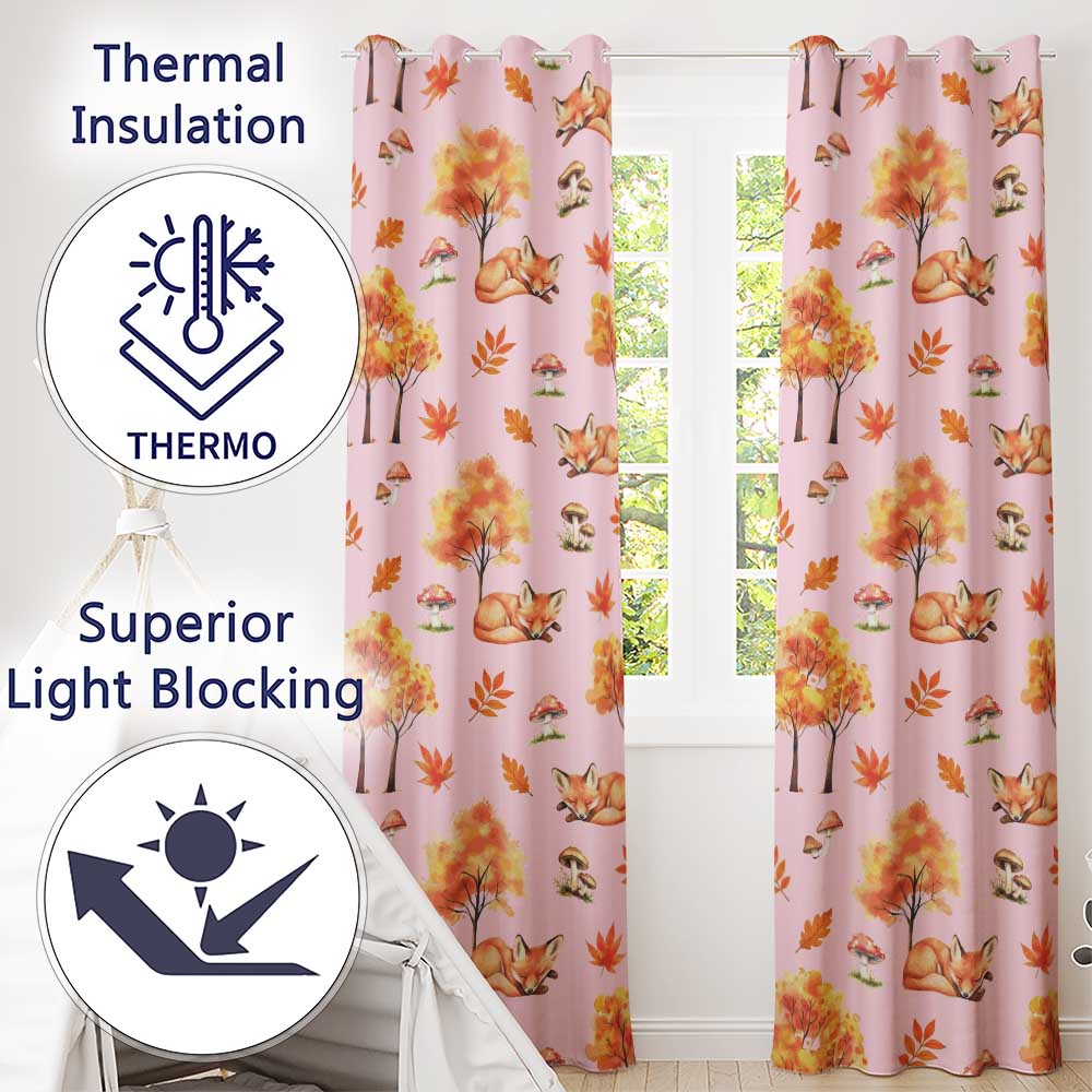 Cute Autumn Fox Leaves Mushrooms Watercolor Pink Background Seamless Pattern Readymade Eyelet Ring Top Thermal 100% Blackout Curtains