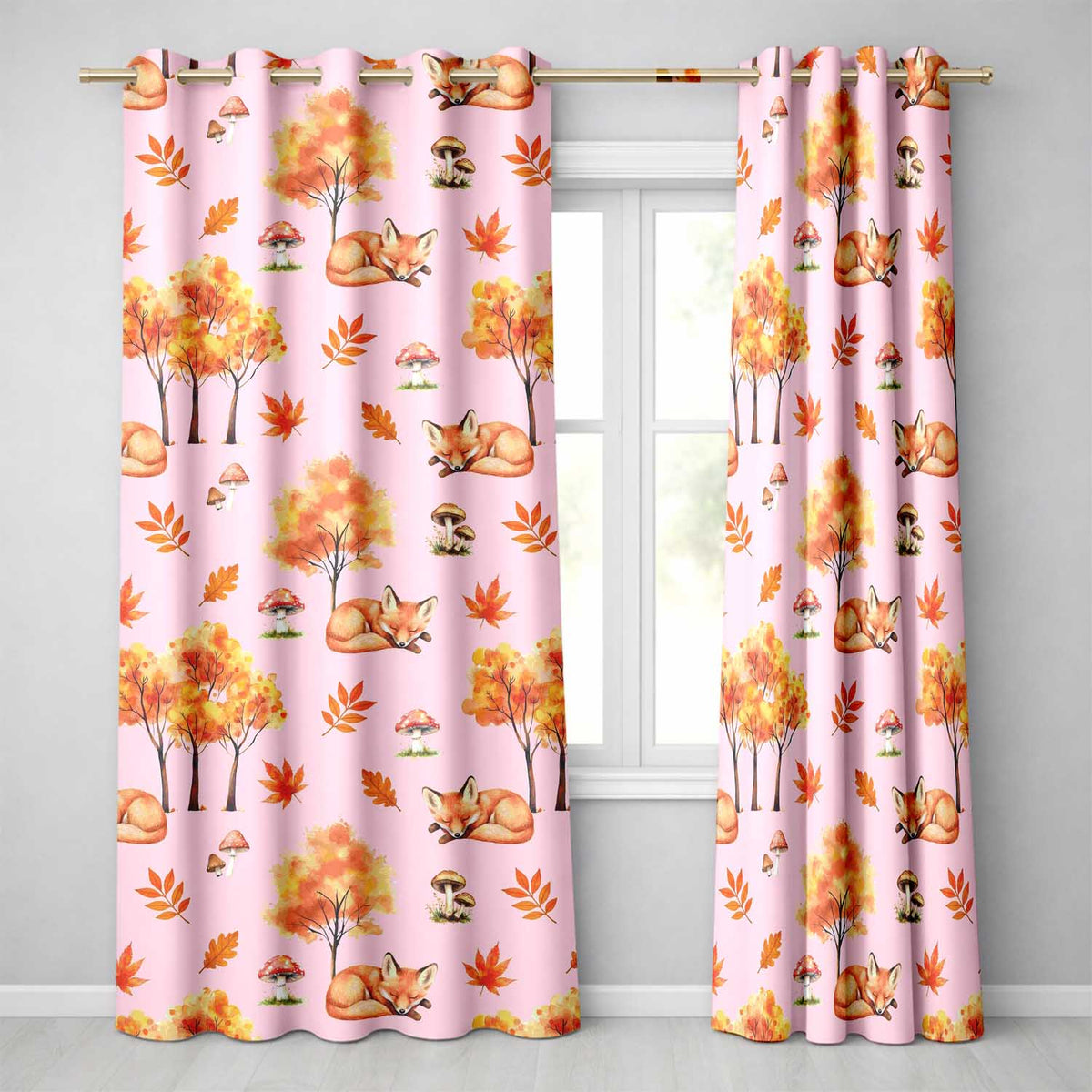Cute Autumn Fox Leaves Mushrooms Watercolor Pink Background Seamless Pattern Readymade Eyelet Ring Top Thermal 100% Blackout Curtains