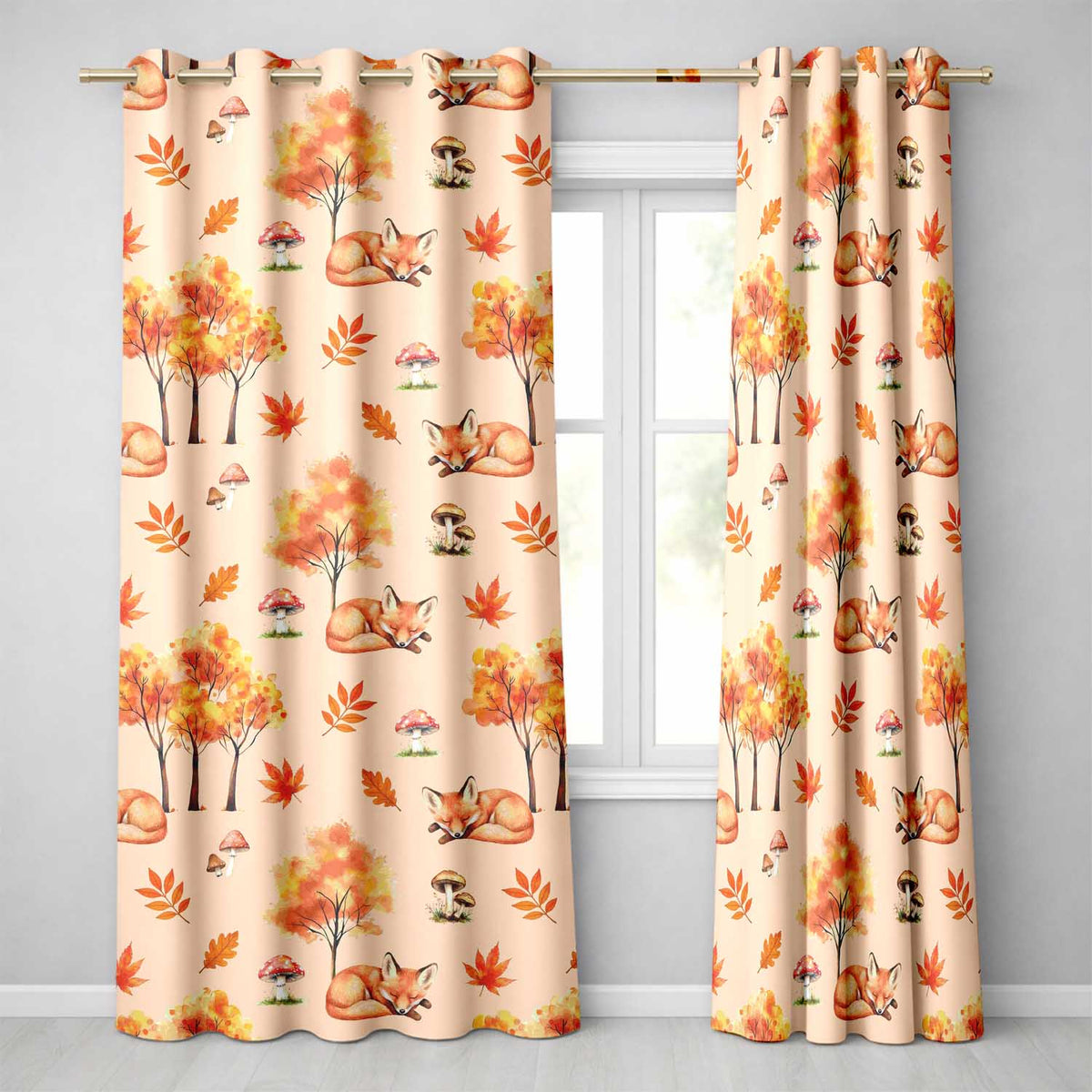 Cute Autumn Fox Leaves Mushrooms Watercolor Warm Beige Seamless Pattern Readymade Eyelet Ring Top Thermal 100% Blackout Curtains
