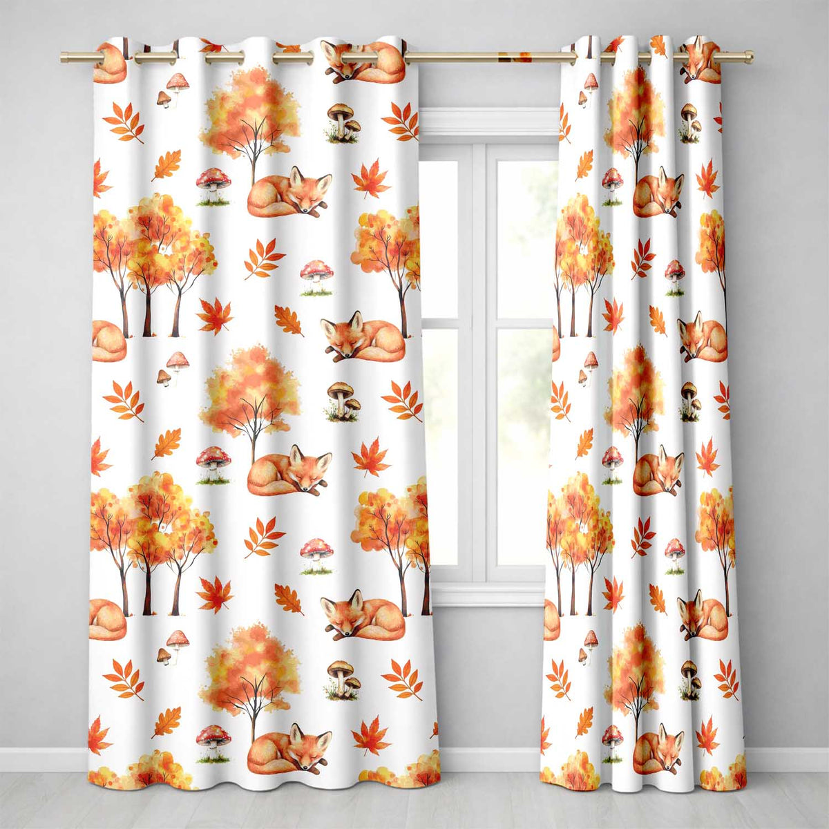 Cute Autumn Fox Leaves Mushrooms Watercolor Light Grey Seamless Pattern Readymade Eyelet Ring Top Thermal 100% Blackout Curtains
