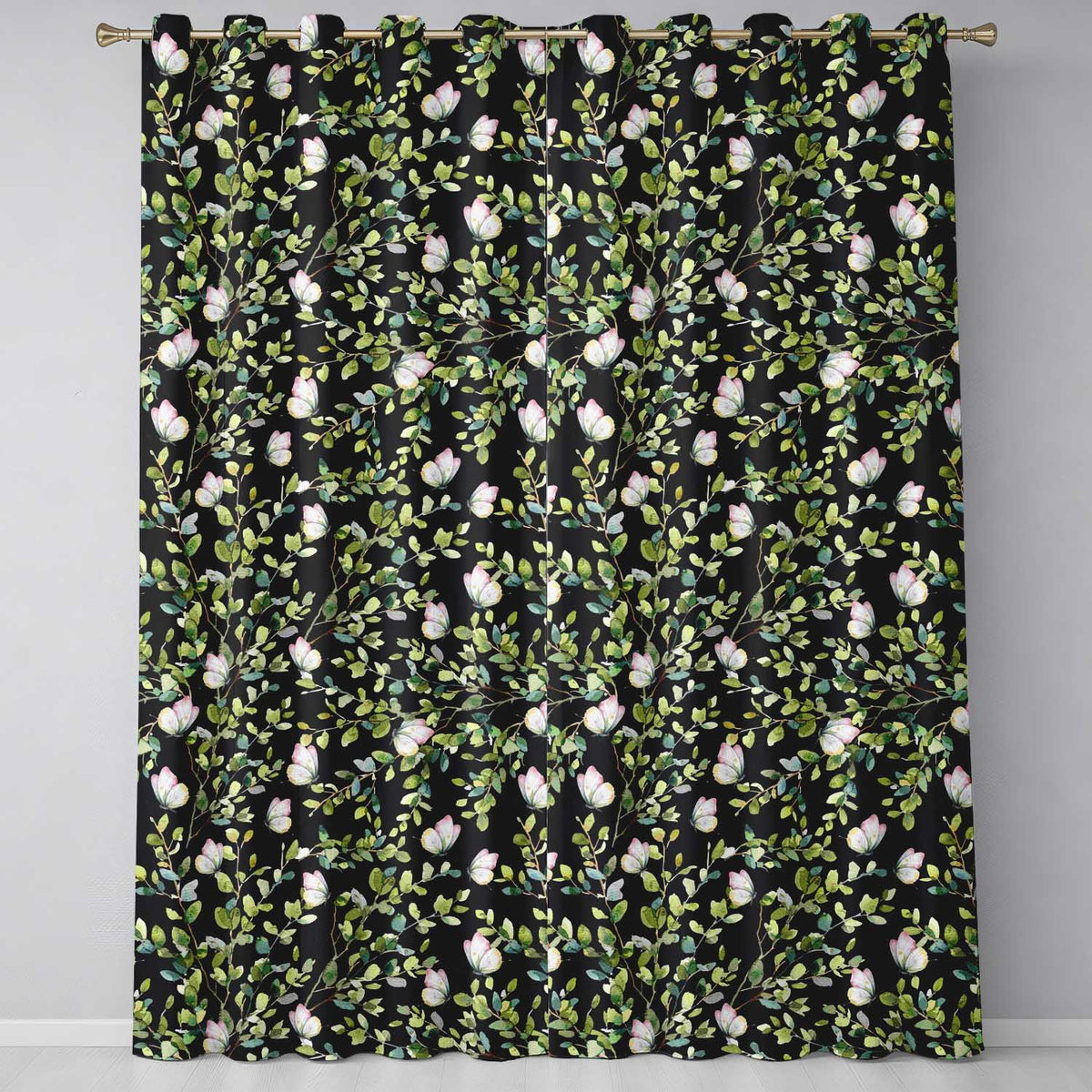 Elegant Butterflies and Green Leaves on Black Background Seamless Pattern Readymade Eyelet Ring Top Thermal 100% Blackout Curtains