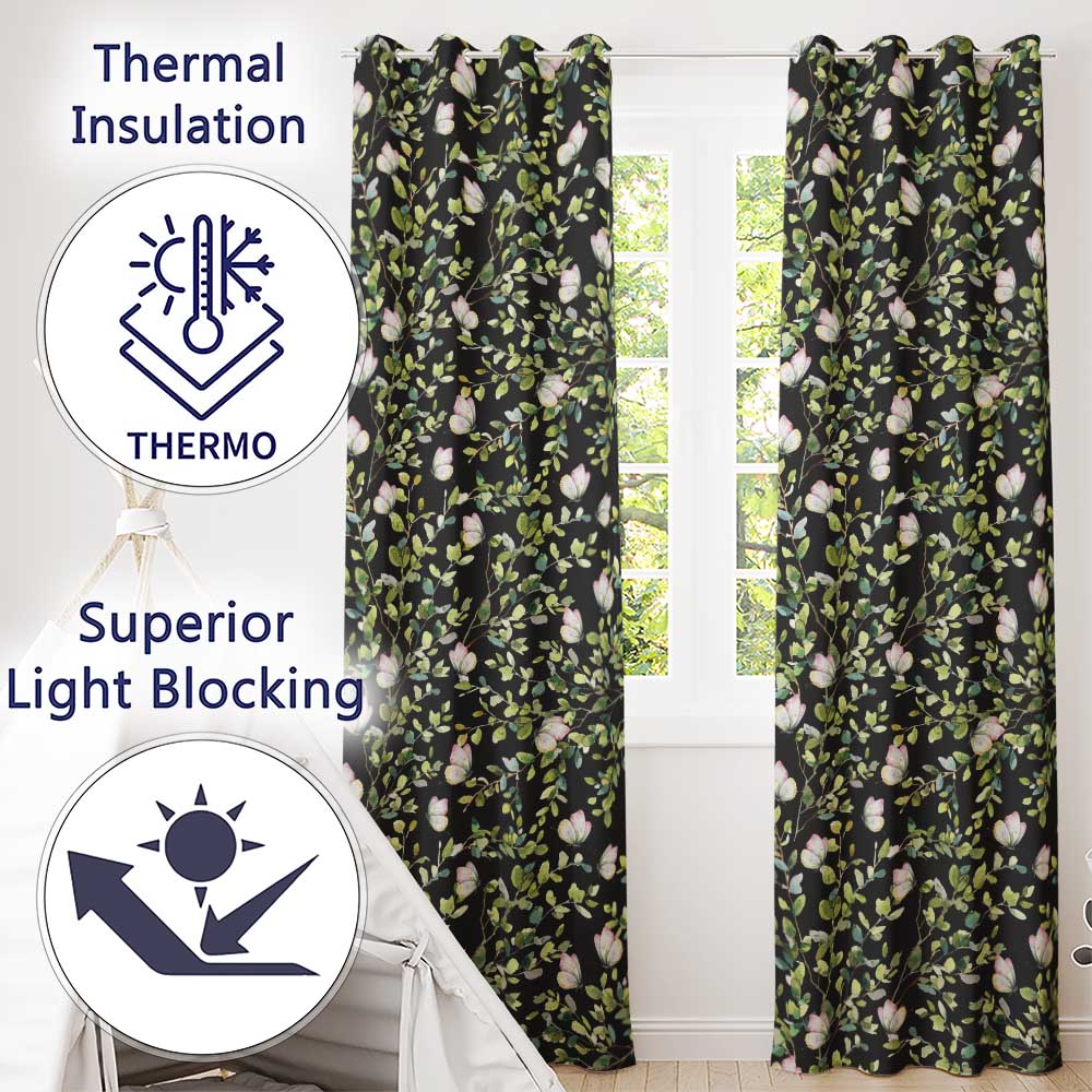 Elegant Butterflies and Green Leaves on Black Background Seamless Pattern Readymade Eyelet Ring Top Thermal 100% Blackout Curtains