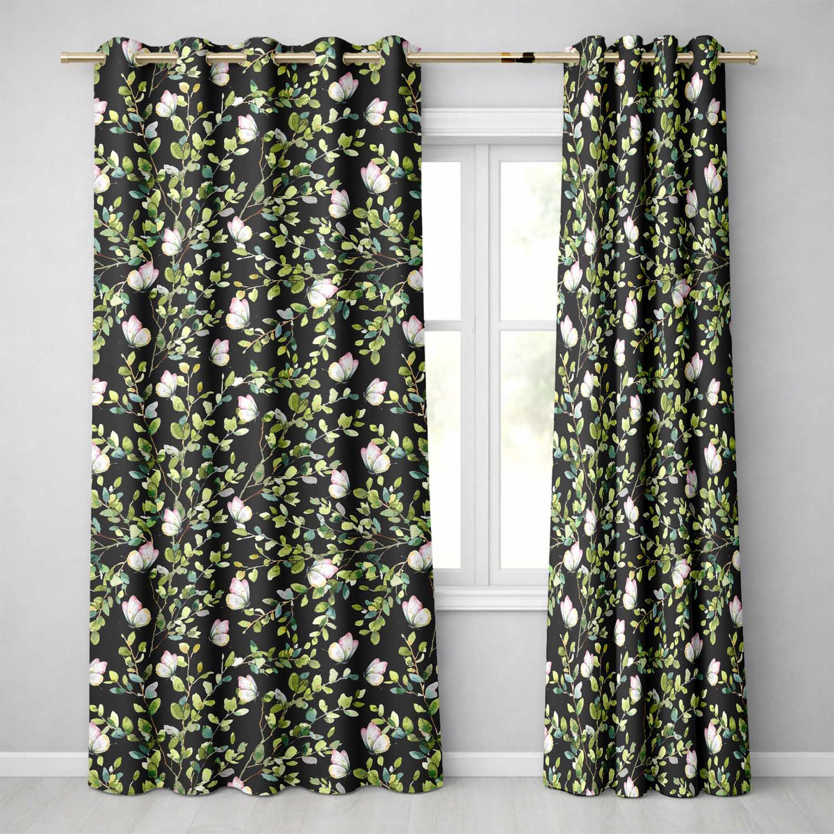 Elegant Butterflies and Green Leaves on Black Background Seamless Pattern Readymade Eyelet Ring Top Thermal 100% Blackout Curtains