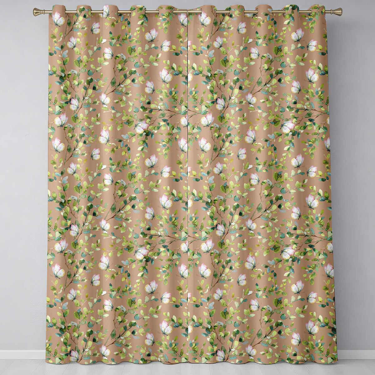 Elegant Watercolor Butterflies and Green Leaves on Warm Tan Seamless Pattern Readymade Eyelet Ring Top Thermal 100% Blackout Curtains