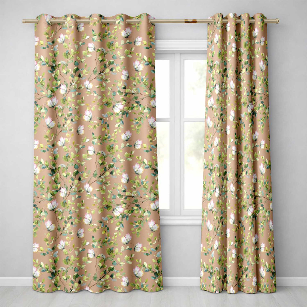 Elegant Watercolor Butterflies and Green Leaves on Warm Tan Seamless Pattern Readymade Eyelet Ring Top Thermal 100% Blackout Curtains