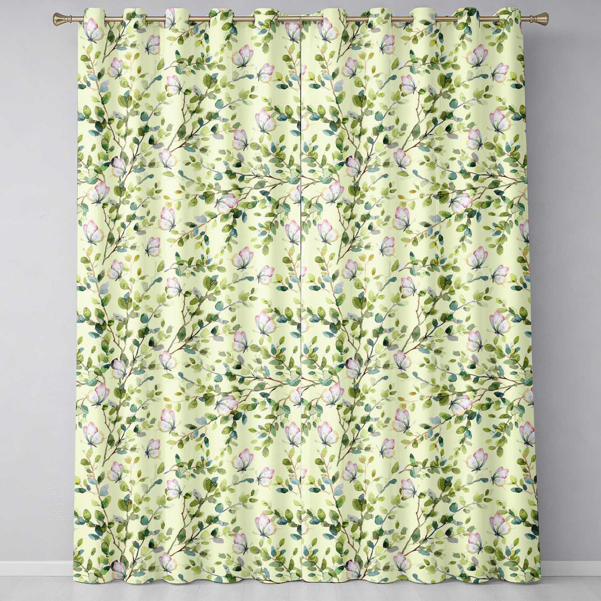 Elegant Watercolor Butterflies and Green Leaves on Soft Cream Seamless Pattern Readymade Eyelet Ring Top Thermal 100% Blackout Curtains