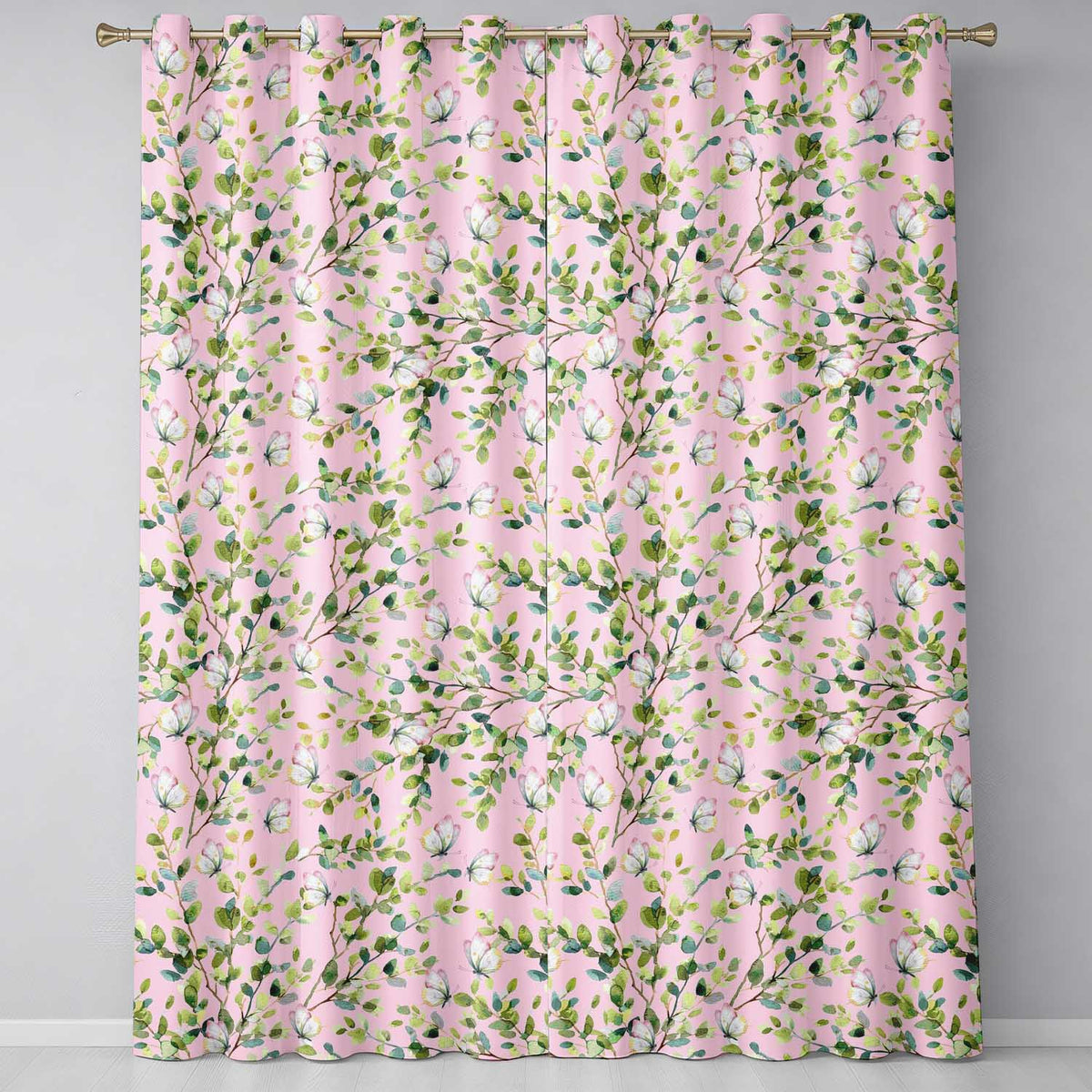 Elegant Watercolor Butterflies and Green Leaves on Blush Pink Seamless Pattern Readymade Eyelet Ring Top Thermal 100% Blackout Curtains
