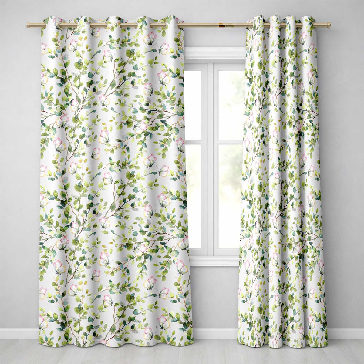 Elegant Watercolor Butterflies and Leaves on Neutral Seamless Pattern Readymade Eyelet Ring Top Thermal 100% Blackout Curtains