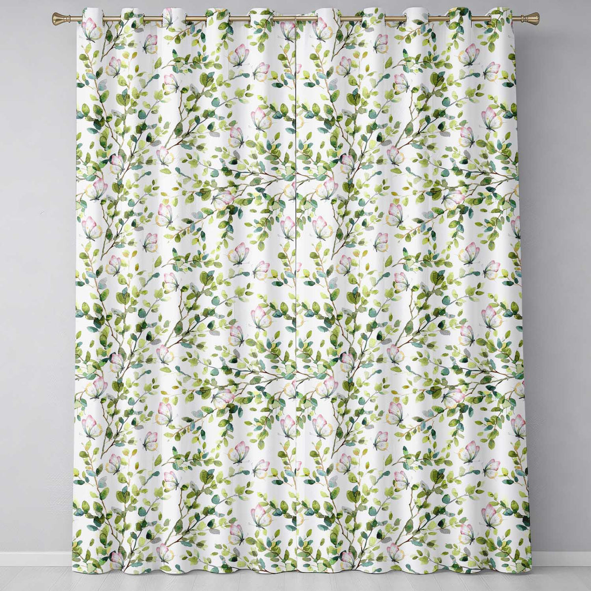 Watercolor Butterflies and Green Leaves on Grey Seamless Pattern Readymade Eyelet Ring Top Thermal 100% Blackout Curtains
