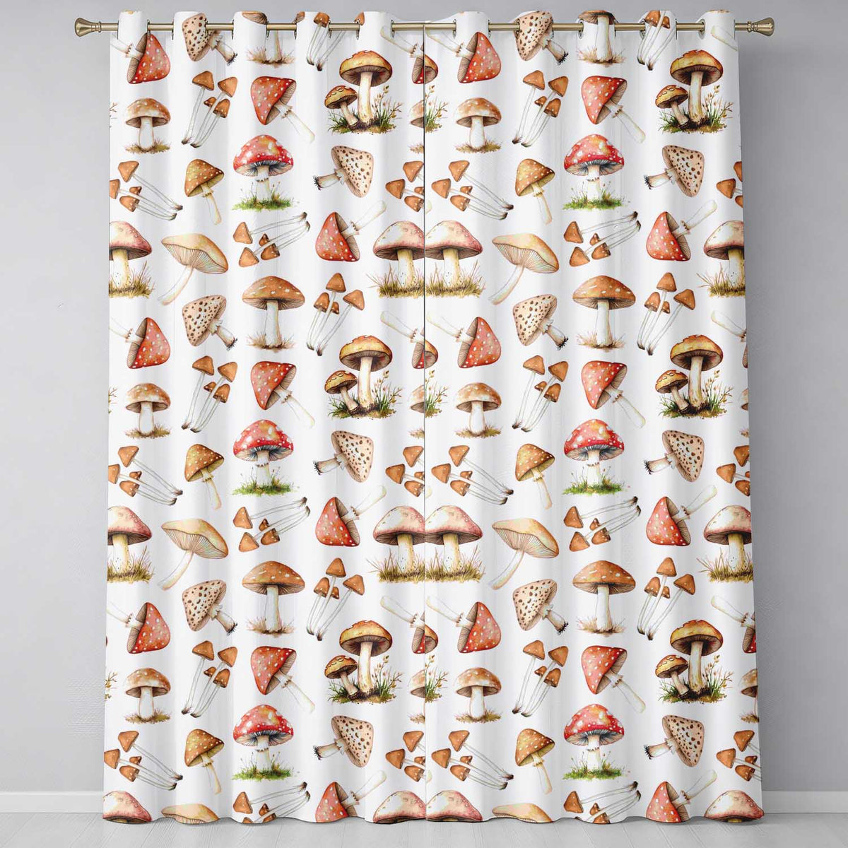 Watercolor Mushrooms Botanical Forest Elements on Plain Seamless Pattern Readymade Eyelet Ring Top Thermal 100% Blackout Curtains