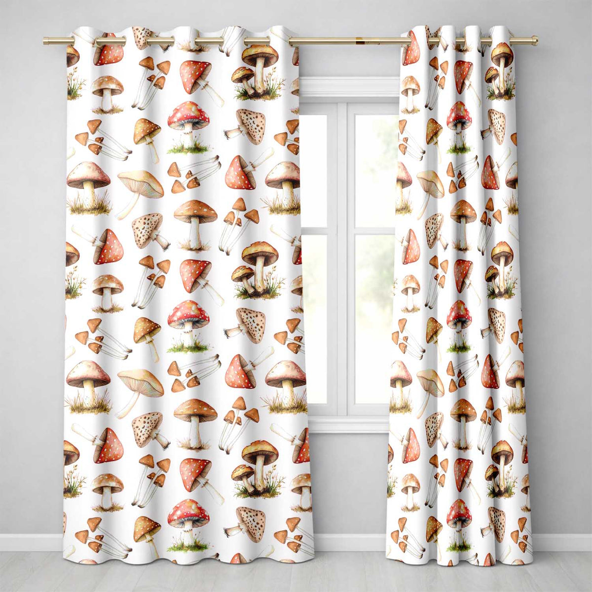 Watercolor Mushrooms Botanical Forest Elements on Plain Seamless Pattern Readymade Eyelet Ring Top Thermal 100% Blackout Curtains