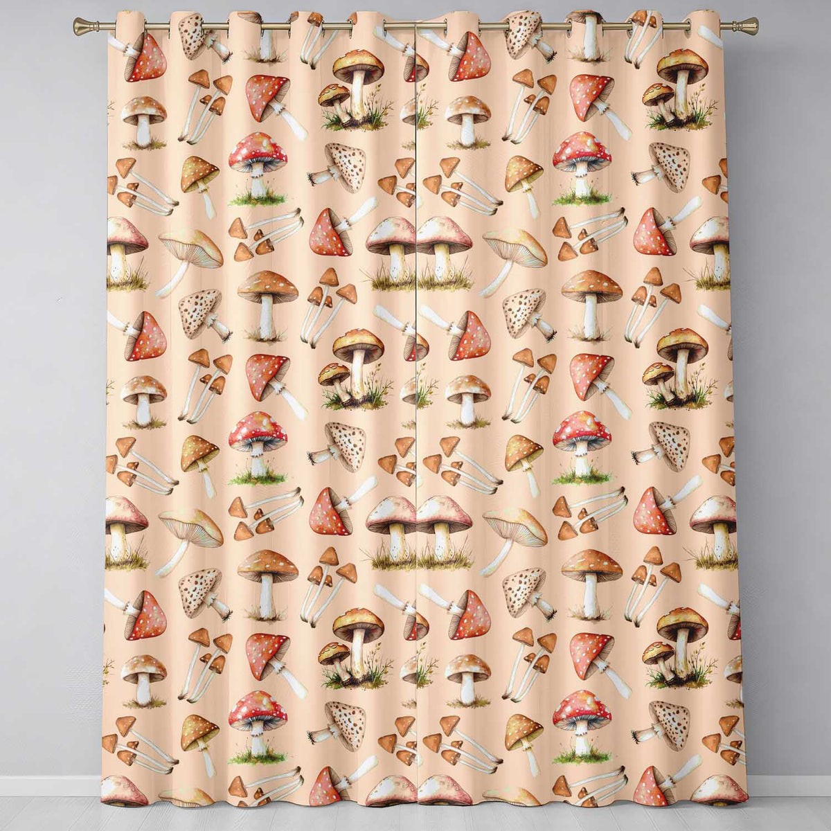 Watercolor Forest Mushrooms Botanical Elements on Warm Beige Seamless Pattern Readymade Eyelet Ring Top Thermal 100% Blackout Curtains