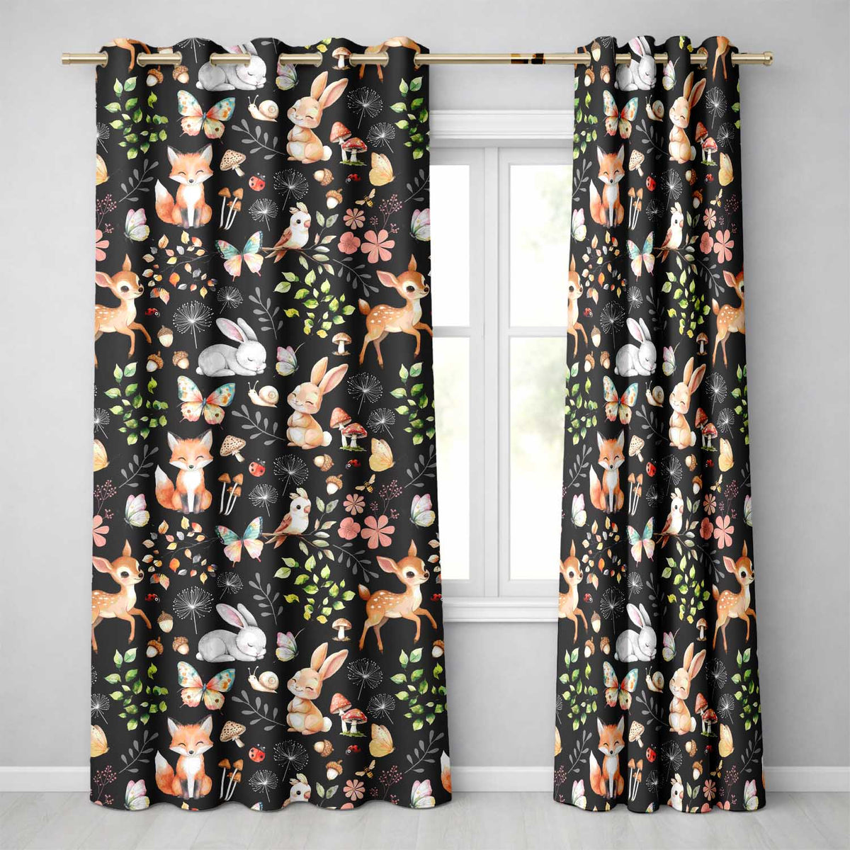 Woodland Animal Rabbit Fox Butterfly Floral Elements on Black Seamless Pattern Readymade Eyelet Ring Top Thermal 100% Blackout Curtains