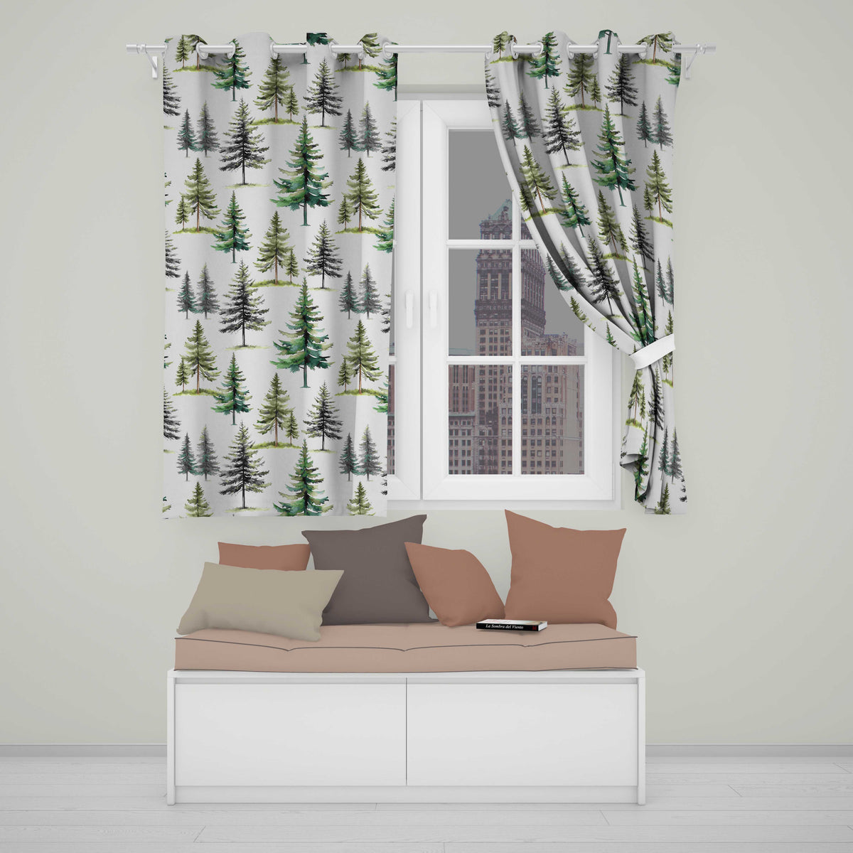 Pine Tree Forest Evergreen Woodland Nature on Soft Blue Seamless Pattern Readymade Eyelet Ring Top Thermal 100% Blackout Curtains